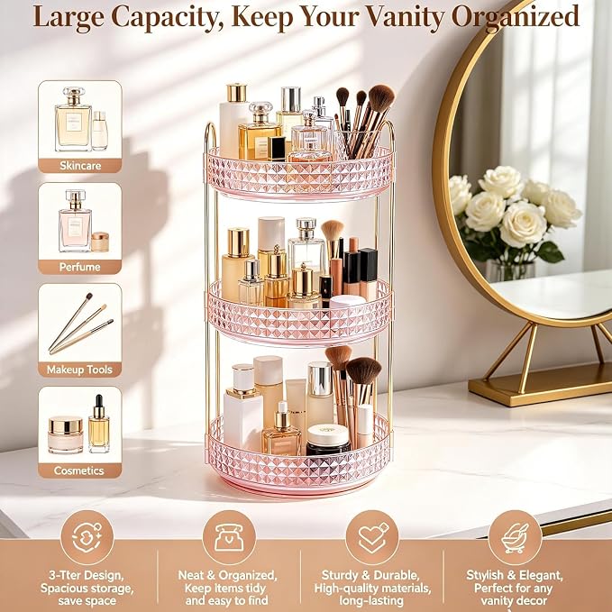 Fangoo 3 Tiers Pink Rotating Makeup Organizer - Image 7
