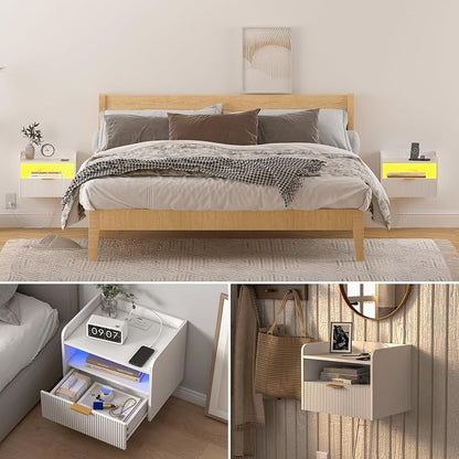 White Floating Nightstand with Charging Station and LED Lights - Image 7