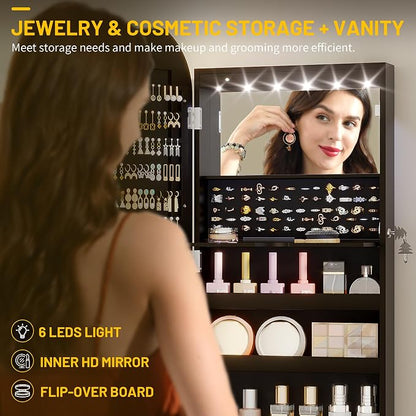 LVSOMT LED Mirror Jewelry Cabinet, Wall/Door Mount Jewelry Mirror Organizer - Image 7