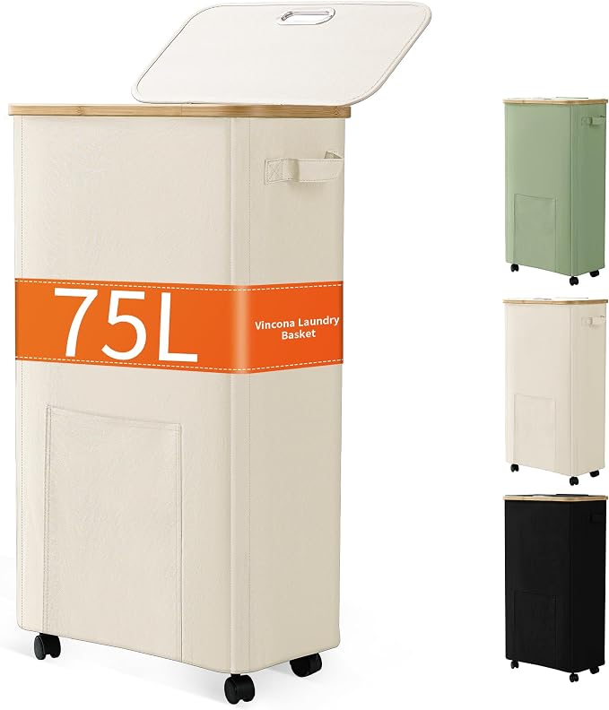 Laundry Basket with Wheels, Dirty Clothes Hamper on Wheels, Rolling Tall by Vincona