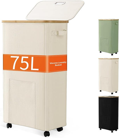 Laundry Basket with Wheels, Dirty Clothes Hamper on Wheels, Rolling Tall by Vincona