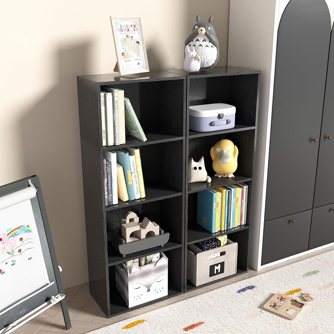 Wooden 4 Cube Storage Organizer, 4 Tier Tall Modern Bookshelf Freestanding - Image 6