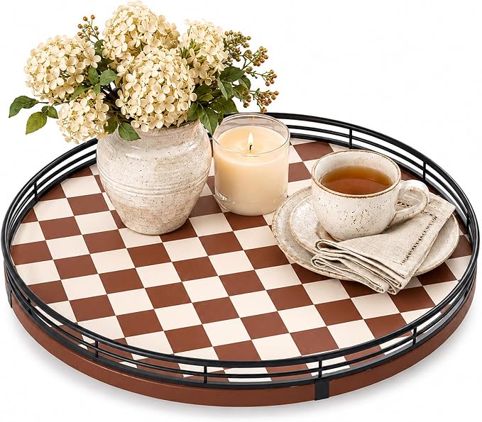 Brown Checkered Lazy Susan Tray, 13 Inch Large Rotating Serving Tray by AMH