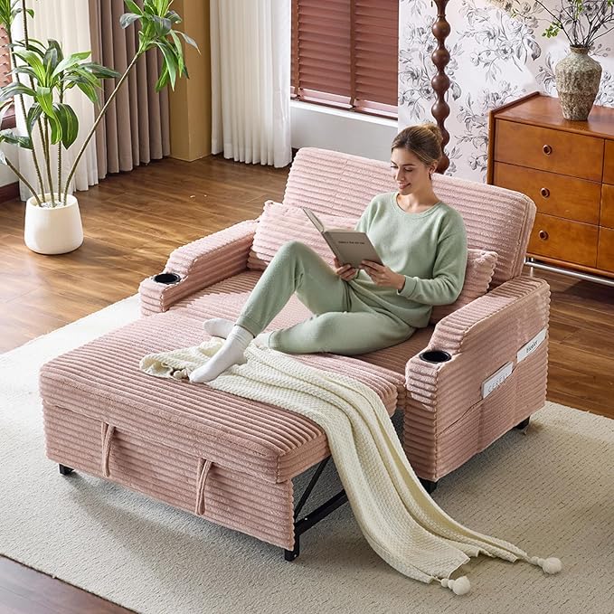 VINGLI Pink Futon Sofa Bed Convertible Loveseat Sleeper Sofa Couch, Corduroy - Image 9