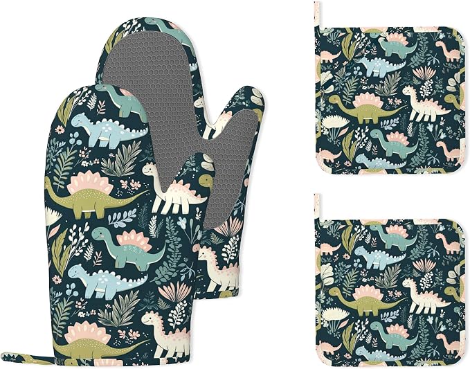 Cute Dinosaur Heat-Resistant Silicone Oven Mitts and Pot Holders 4 Piece Set by Unknown