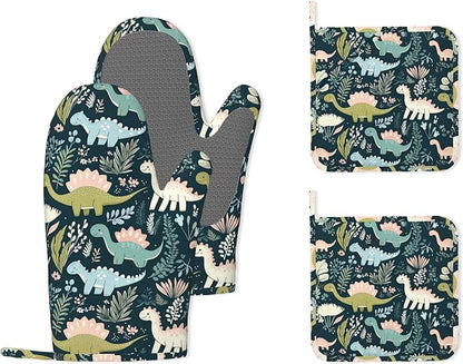 Cute Dinosaur Heat-Resistant Silicone Oven Mitts and Pot Holders 4 Piece Set by Unknown