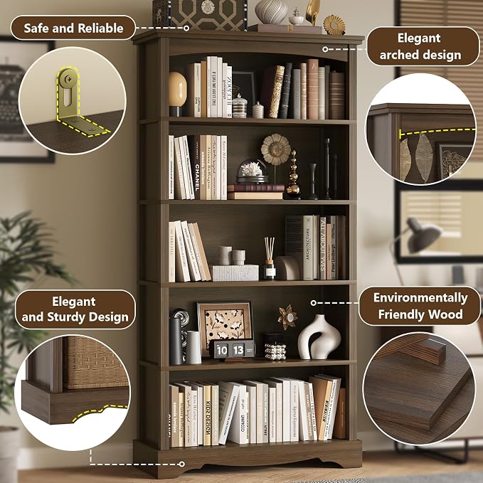 TVU 5-Tier Wooden Bookshelf, 31.5" W x 65" H ×9.9" D Bookshelf - Image 5