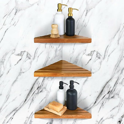 ENKEZI Acacia 2, 3 Tiers Corner Shower Shelf, Triangular Corner Shelf Wooden by ENKEZIProducts