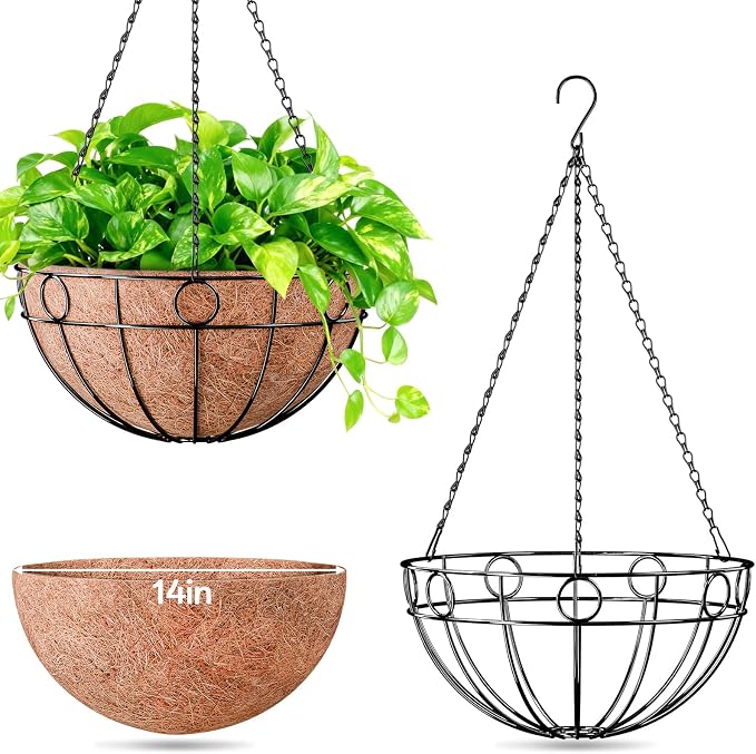 2 Pack 14 Inch Metal Outdoor Plant Hanging Baskets, Round Wire Planter Basket - Image 9