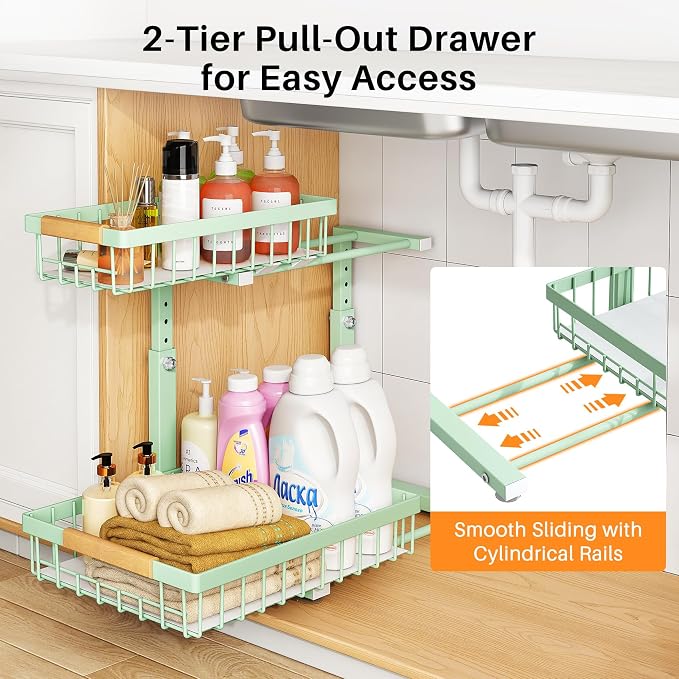 PXRACK Under Sink Organizer, Adjustable Height, 2 Tier Pull Out Under Cabinet - Image 4