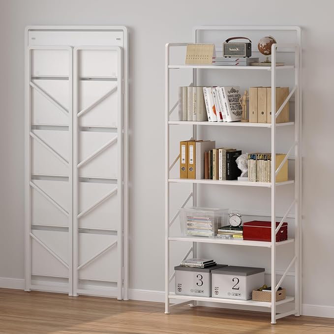 JSB No Assembly Folding Bookshelf, 5 Tier Industrial Metal Book Shelf - Image 4