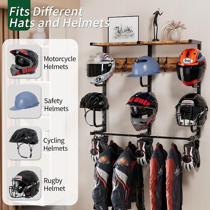 Motorcycle Helmet Rack with 6 J-hooks& 6 Clip Hooks – Wall Mounted Helmet - Image 2