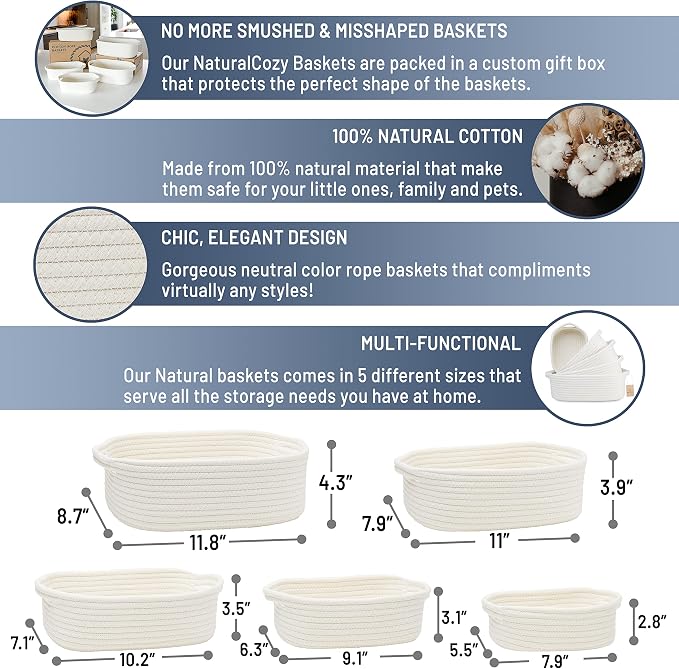 NaturalCozy 5-Piece Rectangle Storage Basket Set- Natural Cotton Rope Woven - Image 2