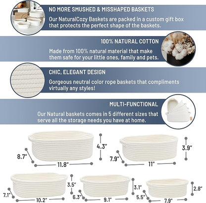 NaturalCozy 5-Piece Rectangle Storage Basket Set- Natural Cotton Rope Woven - Image 2