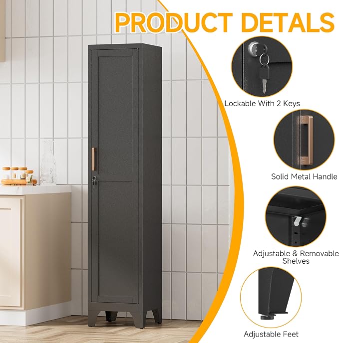 67"H Black Metal Locker with 1 Lockable Door and 4 Adjustable Shelves - Image 4