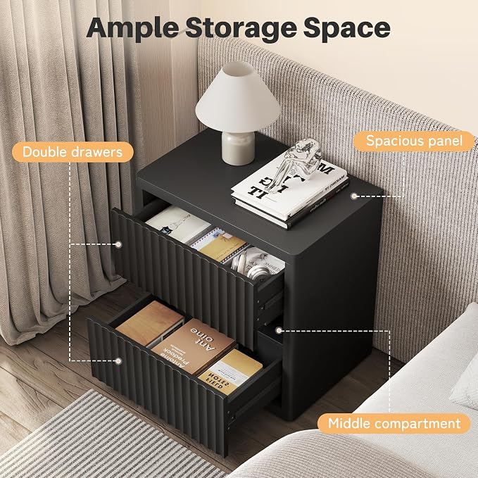 Dripex Fluted Nightstand with 2 Drawers, Large Wide Wood Night Stand Bedside - Image 3