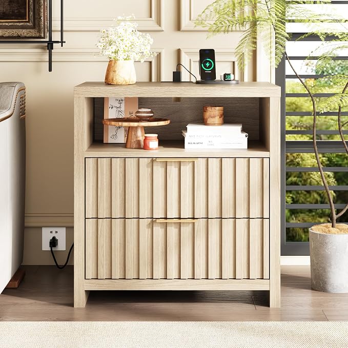 VINGLI Fluted Nightstand with Charging Station, 23.6" W Mid Century Modern by VINGLI