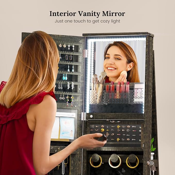 LVSOMT LED Mirror Jewelry Cabinet Standing, 360°Swivel Jewelry Armoire - Image 3