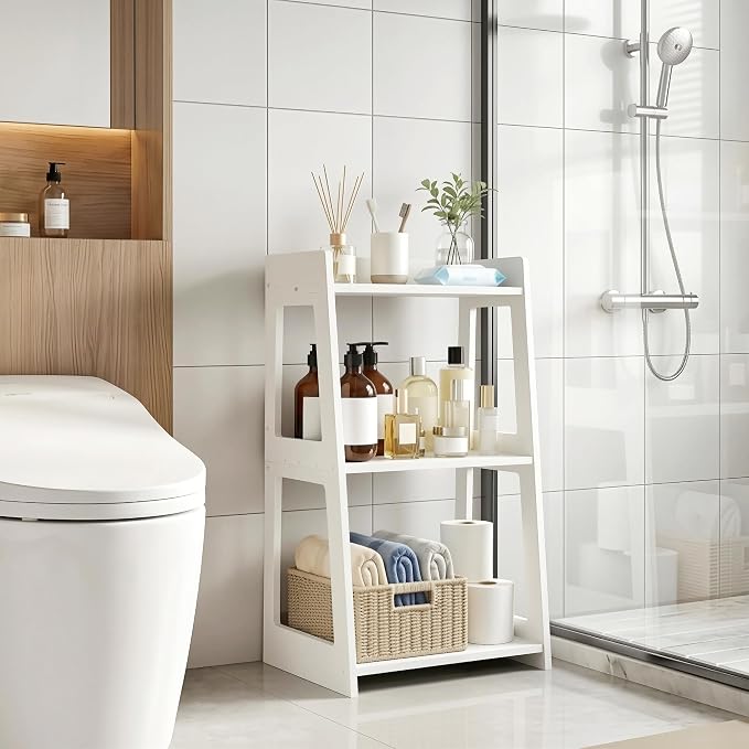 3-Tier Bathroom Ladder Shelf Freestanding, 15.7" W x 27.6" H | White PVC Floor - Image 2