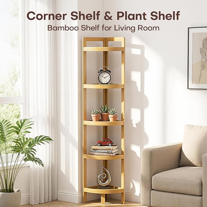 2026 New Bamboo Standing Shelf, 5 Tier Corner Shelf Stand, Free-Standing Shelf - Image 6