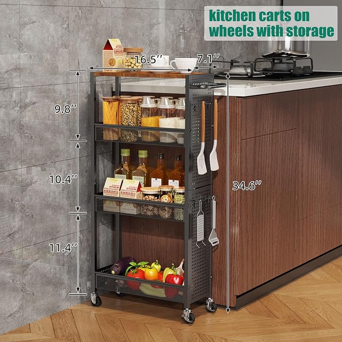 Slim Rolling Storage Cart with Wheels, 4-Tier Metal Utility Cart with Handle & - Image 2