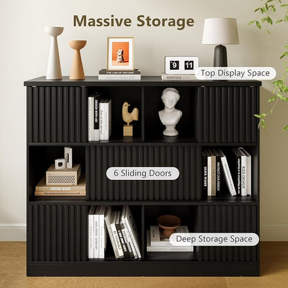 iPormis 12 Cube Bookcase with 6 Fluted Sliding Doors, 3 Tier Wooden Bookshelf - Image 7