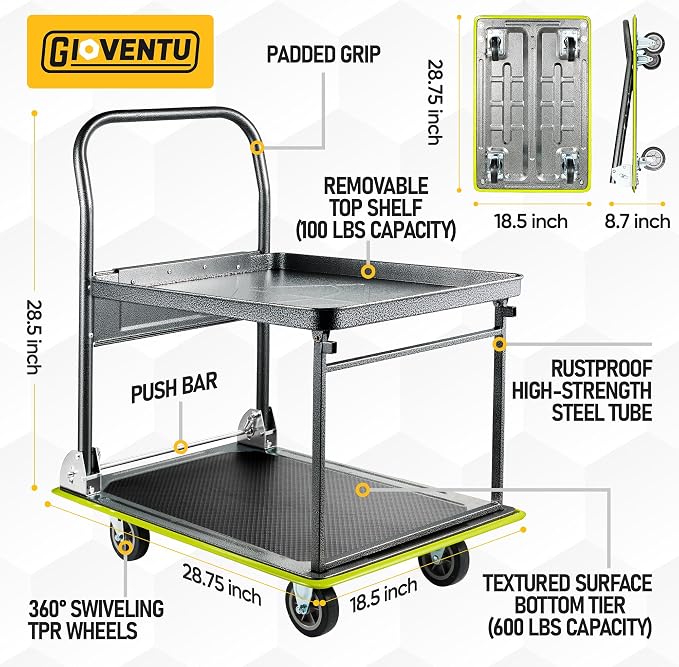 Heavy Duty Push Cart Dolly, 2 Tier Foldable Platform Hand Truck | High-Strength - Image 5