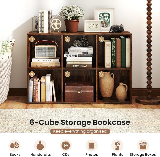 Giantex 6-Cube Bookcase, 3-Tier Cubby Bookshelf, Horizontal Vertical Display - Image 4