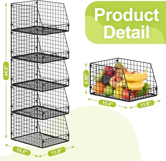 Jakyitvi 5 Pack XXL Stackable Wire Storage Basket, Extra Large Capacity Pantry - Image 7