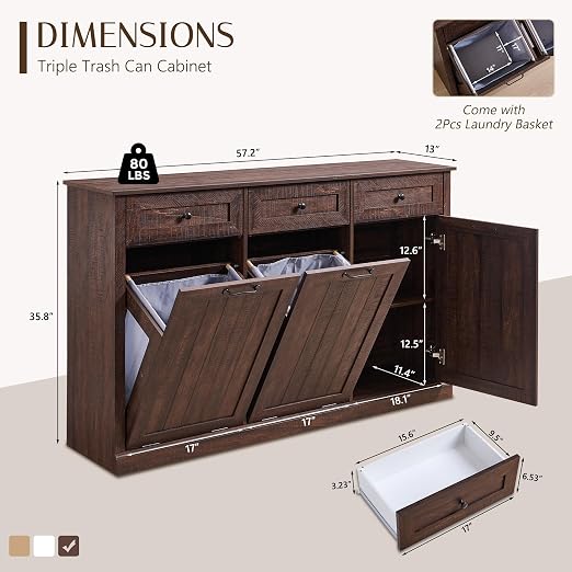 Triple Tilt Out Trash Can Cabinet, 20 Gallon Farmhouse Laundry Hamper Cabinet - Image 2