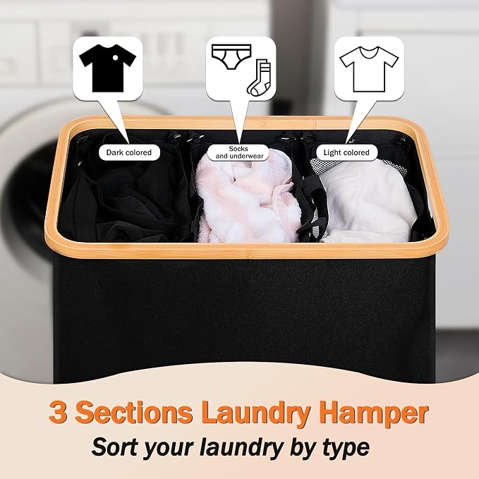 efluky Laundry Hamper with Lid, Trio Laundry Hamper with 3 Removable Bags - Image 4