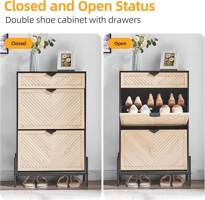 Shoe Cabinet with 2 Flip Drawers, Narrow Entryway Rack, Oak&Black | Slanted - Image 5