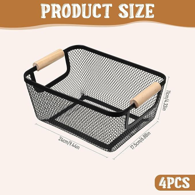 4 Pcs Metal Wire Baskets with Wooden Handles, 9.4x6.9in Wire Storage Basket - Image 2