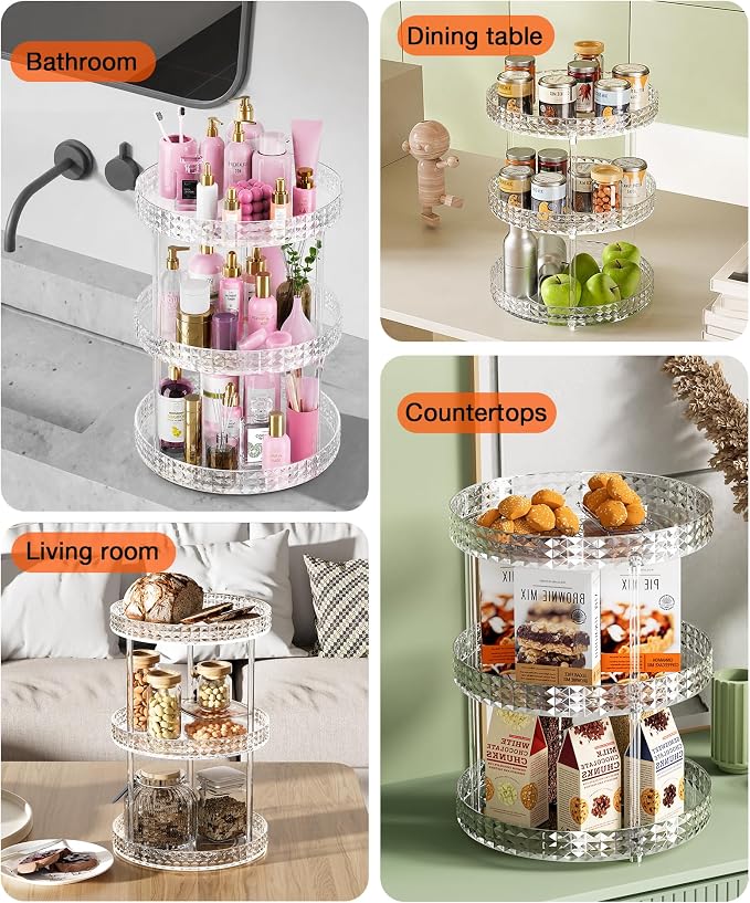 3Tier Diamond Lazy Susan Bathroom Countertop Organizer, 360° Clear Rotating - Image 6