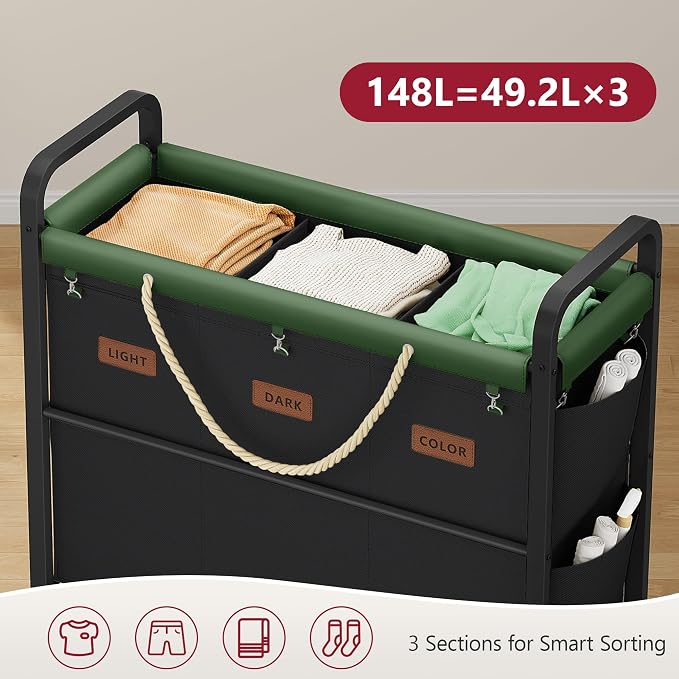 Tajsoon 148L Large Laundry Sorter 3 Section, Laundry Hamper - Image 3