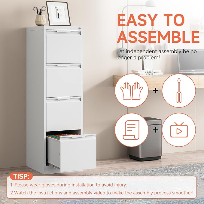 4 Drawer File Cabinet with Lock, 17.8" Deep Metal Filing Cabinet, Vertical File - Image 5