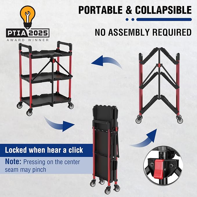 WORKPRO 3-Tier Collapsible Service Cart, 210 LBS Foldable Utility Service Cart - Image 2