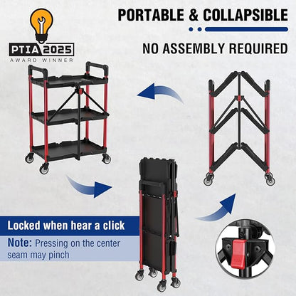 WORKPRO 3-Tier Collapsible Service Cart, 210 LBS Foldable Utility Service Cart - Image 2