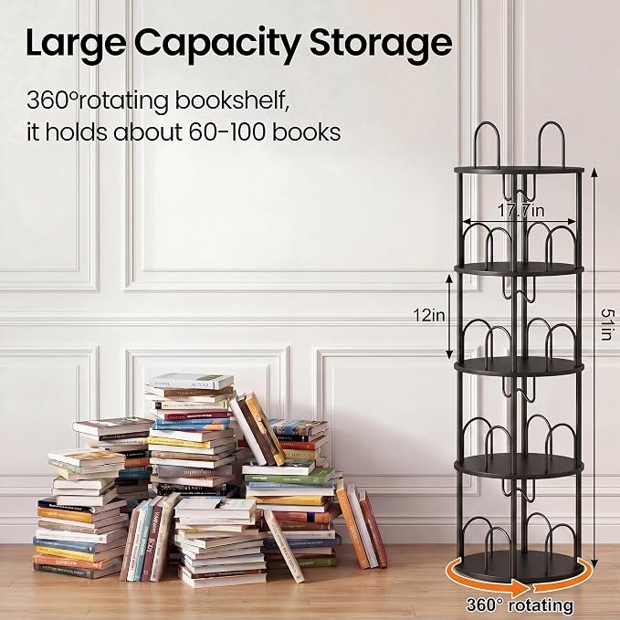 4 Tier Rotating Bookshelf, 360° Spinning Bookshelf Tower, Narrow Corner Book - Image 2