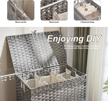 Laundry Hamper with Lid, 190L Large Laundry Basket 3 Section with 6 Removable - Image 6