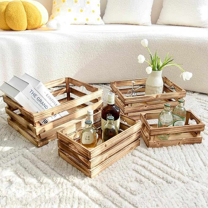 Set of 4 Large Torched Wood Decorative Storage Crates, Nesting Wooden Crates - Image 3