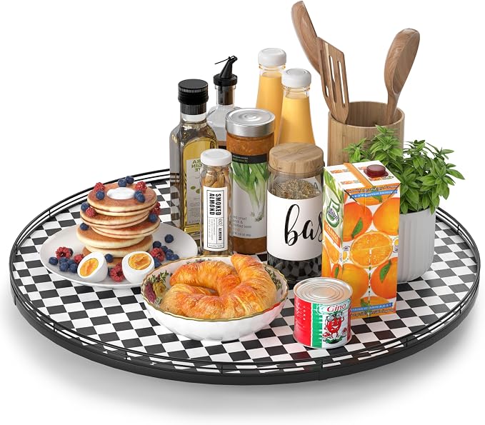 24" Black and White Kitchen Lazy Susan Turntable, Round Checkered Decorative by AMH