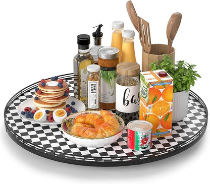 24" Black and White Kitchen Lazy Susan Turntable, Round Checkered Decorative by AMH