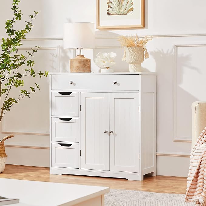 Topeakmart Freestanding Bathroom Storage Cabinet, 4 Drawers & 2 Doors White | - Image 2