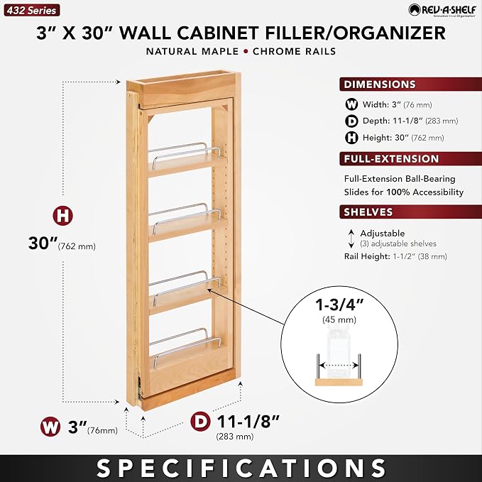 Rev-A-Shelf 3"W x 30"H Pullout Shelf Organizer - Image 3