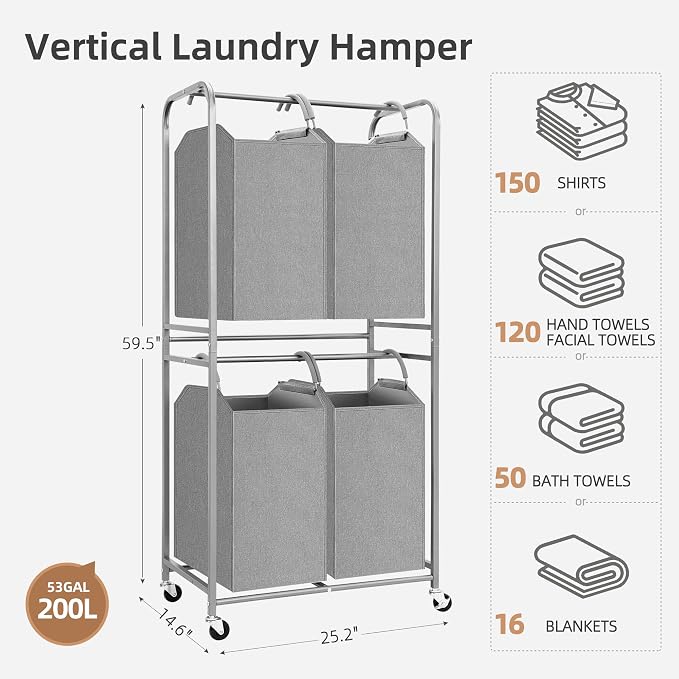 STORAGE MANIAC 4 Section Vertical Laundry Hamper, 2 Tier Laundry Sorter - Image 5