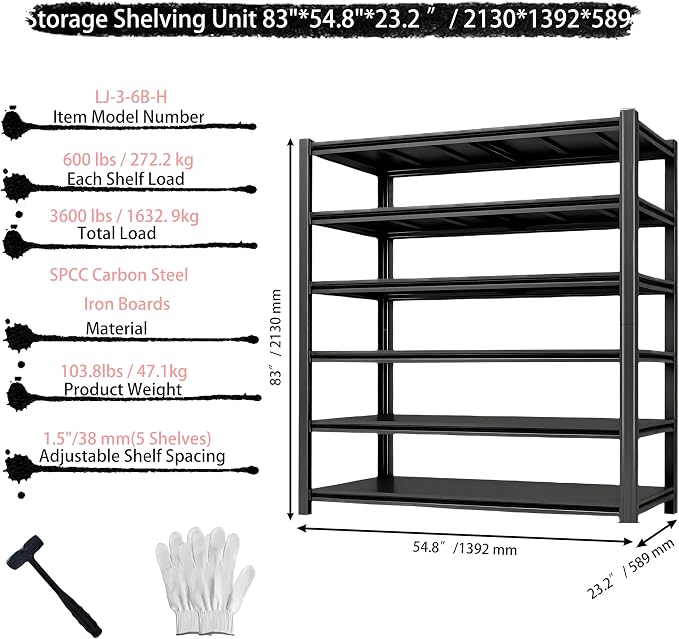 Storage Shelving Unit Adjustable Heavy Duty Garage Shelves 6-Tier Metal - Image 2