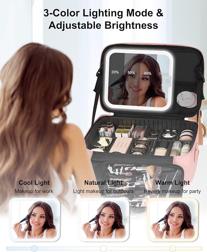 Relavel Travel Makeup Bag With LED Mirror, Portable Pink Cosmetic Case | - Image 2