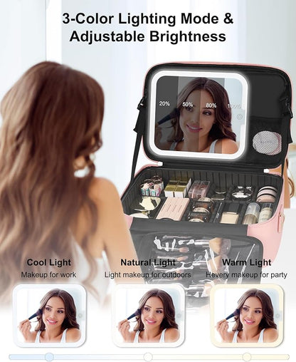 Relavel Travel Makeup Bag With LED Mirror, Portable Pink Cosmetic Case | - Image 2