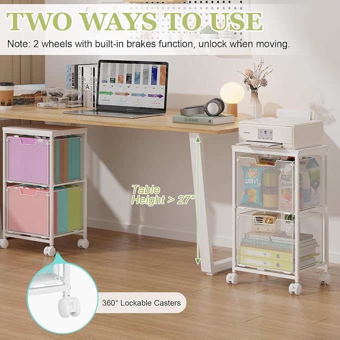 Rolling File Cart with 2 Storage Drawers, Under Desk Storage Cart | Hanging - Image 4